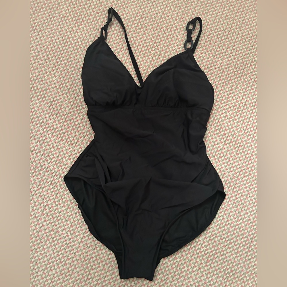MAGICSUIT Black one piece bathing suit with chain accent, good worn, size 12